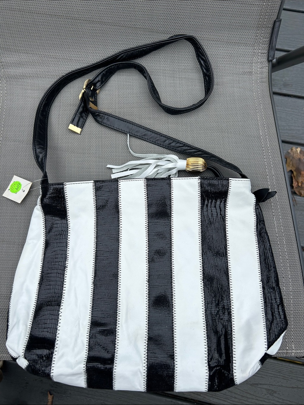 Karma Leather Good from NYC Black & White Striped Crossbody Bag